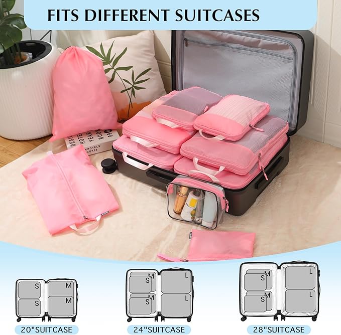 PFEYRPK Lightweight Compression Packing Cubes for Suitcases, Compressible Expandable Travel Packing Organizer with Clear Toiletries and Backpack Bag, Travel Essentials for Carry on Luggage 7 Set