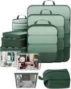 Veken 11 Set Compression Packing Cubes for Travel Essentials,Compressible Expandable Large Luggage Suitcase Organizer Bags for Clothing,Durable Space Saver Storage Bags with Toiletry Bags(Dark Green)