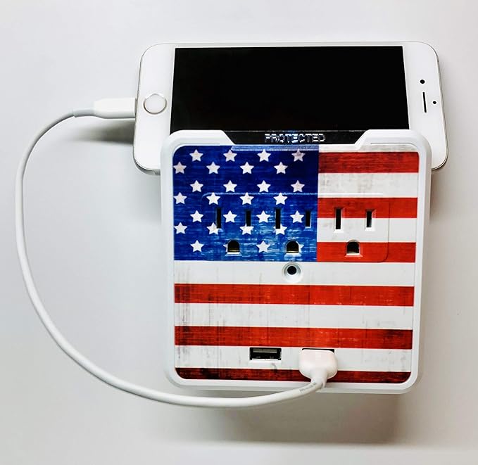 Glamsockets Decorative Wall Mount Surge Protector with 3 Outlets, Dual USB Charging Ports and Phone Holder - USB Charging Center/Multi Function Wall Tap (Vintage American Flag)