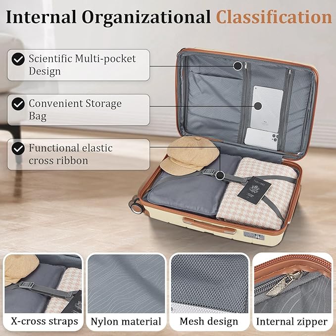 4 Piece Luggage Set, Hardside Expandable Lightweight Suitcase with 360° Mute Spinner Wheels Luggage Sets, TSA Lock, 14/20/24/28 Inch Travel Luggage for Men, Women and Girls (Apricot Cream 2)