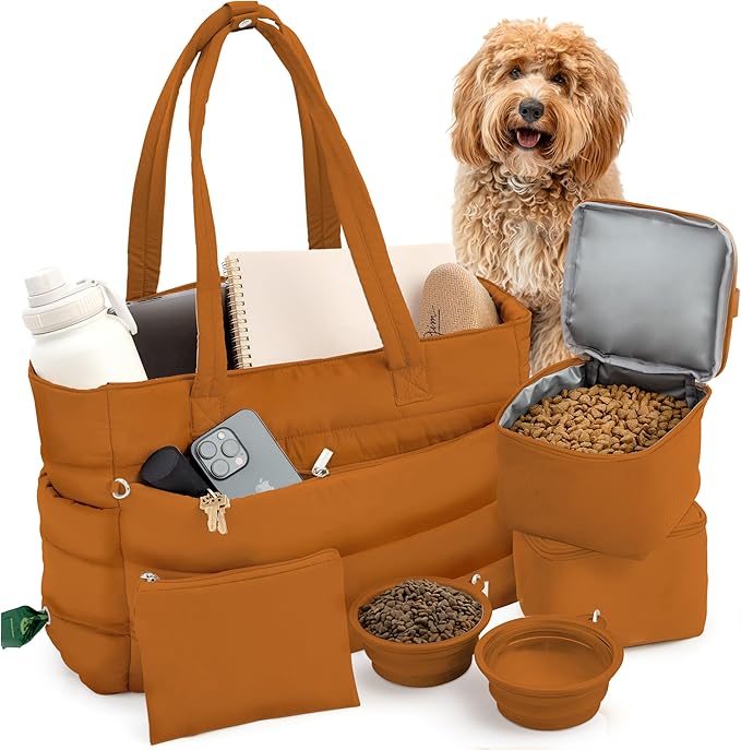 rubyloo Puffer Dog Travel Bag for Dog Moms – Doggy Diaper Bag with Pet Bowls & Food Storage or Everyday Puffy Tote – Doggy Mom Gifts for Women – Lightweight, Travel-Ready Gift for Pet Lovers - Rust