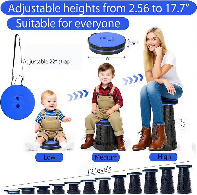 Fishboy Upgraded Collapsible Stool, 400lbs Max Weight, Lightweight But Sturdy, Portable Retractable Folding Telescoping Foldable Camping Stool for Adults Outdoor Fishing Hiking BBQ