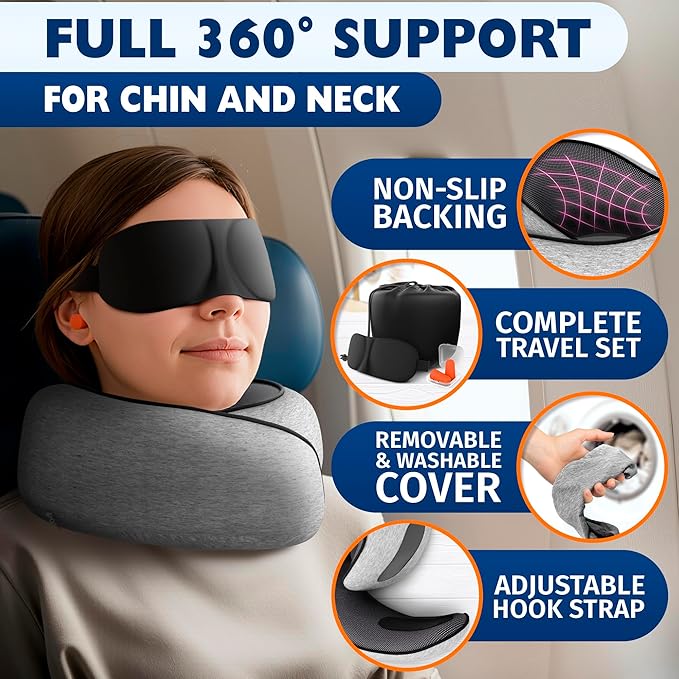 Travel Neck Pillow – 4-in-1 Set | Adjustable Memory Foam Airline Pillows for Sleeping on Long Flights, Earplugs, Eye Mask, & Cover | Cotton Cover, Hook-and-Loop Closure – Car and Train Use, G-Shaped