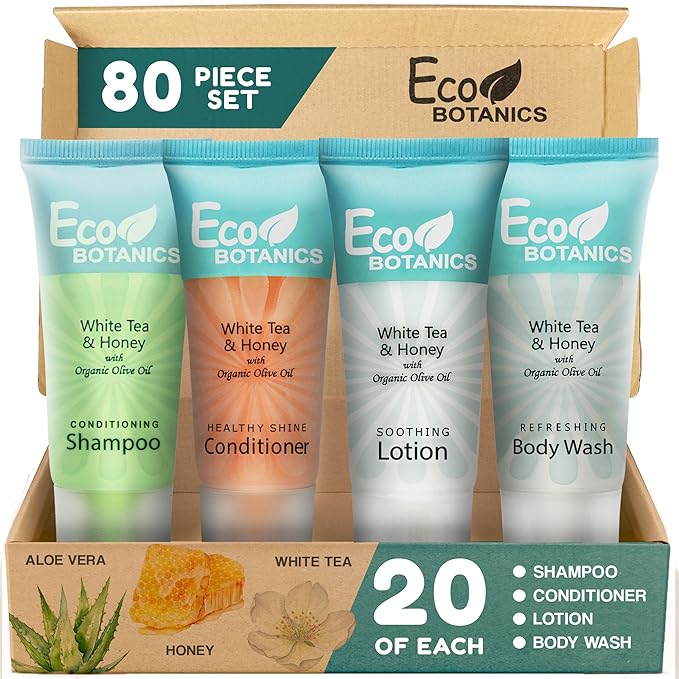 Travel Size Hotel Toiletry Set 80 Count 0.85 oz Bottles Guest Amenities for Vacation Rentals and Short Term Rentals Paraben Free White Tea Scent Infused with Aloe and Olive Oil by Eco Botanics