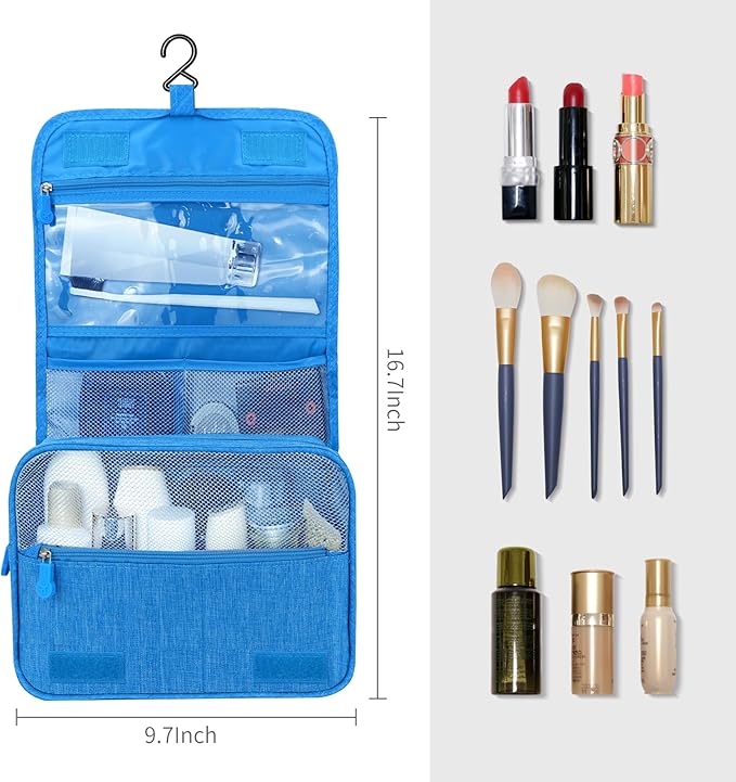 Lcsmaokin Large Capacity Toiletry Bag Travel Bag with Hanging Hook for Men and Women Waterproof Travel Cosmetic Bag Bathroom Storage Bag for Brushes Set, Full-Sized Shampoo, Toiletries, (Sky Blue)