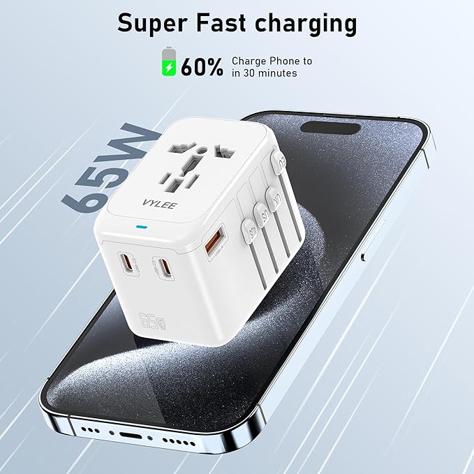 VYLEE Travel Plug Adapter, 65W Fast GaN Travel Charger, International Plug Adapter with 3 USB-C PD and 1 USB-A QC with US/EU/UK/AU Convenient for iPhone,Samsung,Laptops