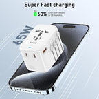VYLEE Travel Plug Adapter, 65W Fast GaN Travel Charger, International Plug Adapter with 3 USB-C PD and 1 USB-A QC with US/EU/UK/AU Convenient for iPhone,Samsung,Laptops