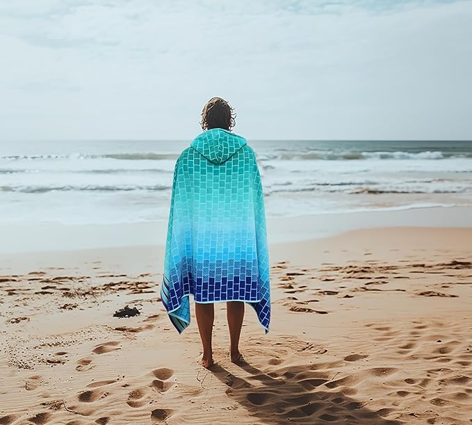 COTTON CRAFT Hooded Beach Towel – Oversized 35 x 70 Towel with Hood for Adults - 100% Cotton Velour Terry Jacquard Towel - Pool Bath Wrap - 450 GSM Soft Absorbent Quick Dry – Blue Tiles