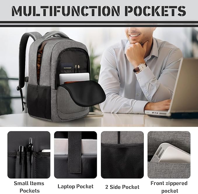 Travel Backpack, 40L Business Laptop Backpack with 17.3 Inch Laptop Compartment, Lightweight Daypack for Flight, Durable Water Resistant Bookbag, Hiking, Work Backpack for men, Grey