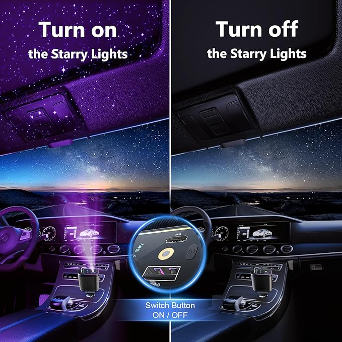 Starlight Retractable Car Charger with Dual Type C Cables, 66W Starlight in Car roof 4 in 1 Retractable Car Phone Charger Adapter, Fast Charging USB C Cable, Compatible with iPhone 17/16/15/14