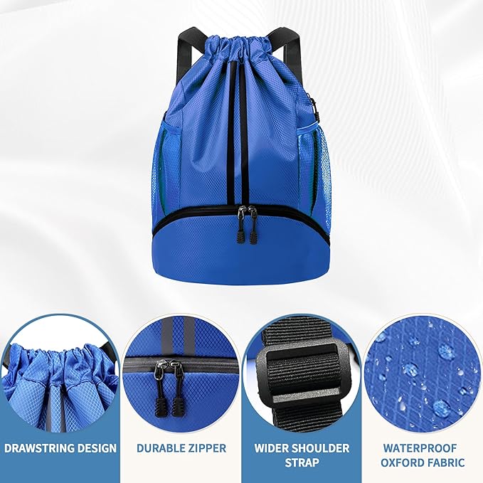 JELUTAR Drawstring Backpack Gym Bag with Shoes Compartment for Soccer, Basketball, Swim, Water-Resistant String Backpack Beach Cinch for Women Men, Blue, Medium