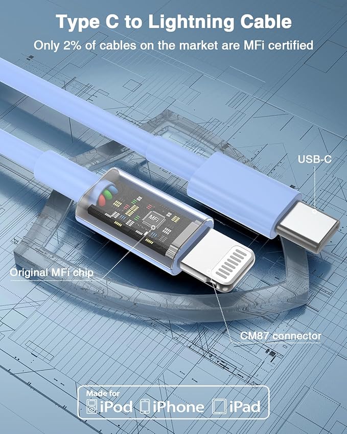Susnwere USB C to Lightning Cable (2pack 6ft), Apple MFi Certified iPhone Fast Charger 2m, Power Delivery Original Type C Charging Cord for Apple iPhone 13/12/11 Pro/11/XS MAX/XR/8/7/6s Plus,iPad