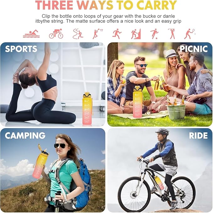Water Bottle with Straw 1L,Boys Water Bottles with Straw 1 Litre,Waterbottle Leak-Proof Sports Water Bottle,Plastic Drinks Bottles Toxin Free，Bpa-Free (Yellow Pink)