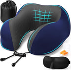 ExploreBliss Travel Pillow, Travel Pillows for Sleeping Airplane, Neck Pillow Airplane, Memory Foam Neck Pillow Set with Eye Mask, Earplugs and Storage Bag -Blue