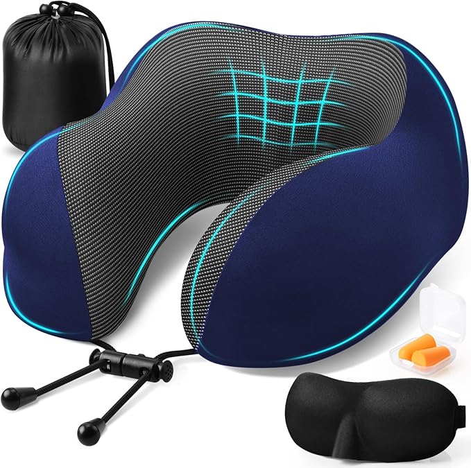 ExploreBliss Travel Pillow, Travel Pillows for Sleeping Airplane, Neck Pillow Airplane, Memory Foam Neck Pillow Set with Eye Mask, Earplugs and Storage Bag -Blue