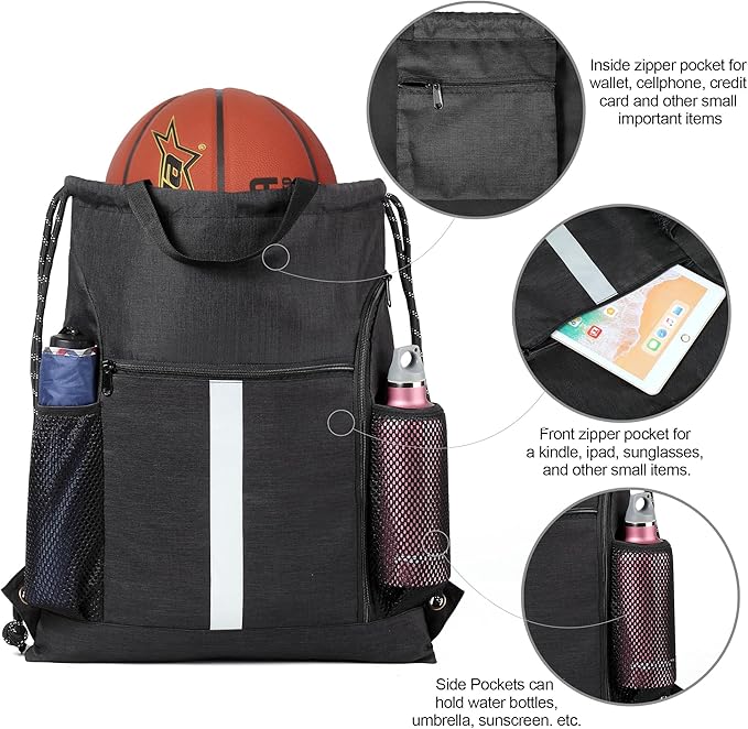 BeeGreen Mix-Black-Drawstring-Backpack-Bag, Large String Sack with Shoe Compartment and Two Side Mesh Pockets Lightweight Sturdy For Gym