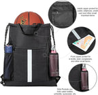 BeeGreen Mix-Black-Drawstring-Backpack-Bag, Large String Sack with Shoe Compartment and Two Side Mesh Pockets Lightweight Sturdy For Gym