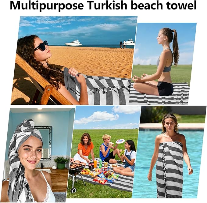 12 Pack Turkish Beach Towel 36"x71" Extra Large Beach Towels Sand Free Bath Towels Adults Lightweight Quick Dry Pool Towels Black