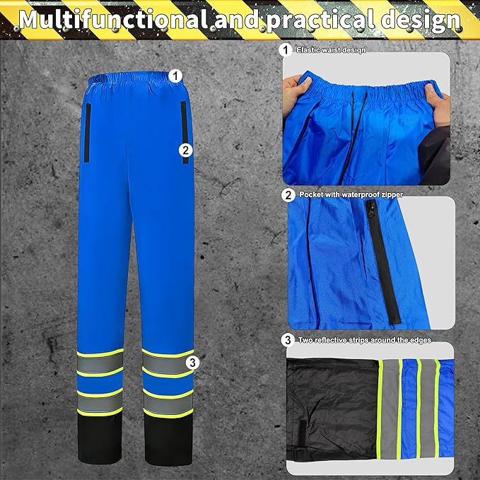 Hi Vis Rain Jacket, Rain Suits for Men with Removable Hood, Rain Coats for Men Interior Mesh, Class 3 High Visibility Rain Gear,Waterproof Zipper Blue 2XL/3XL