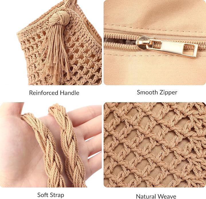 Pleneal Crochet Beach Bag, Summer Woven Tote Bag with Lining, Soft Purse Shoulder Bags for Vacation