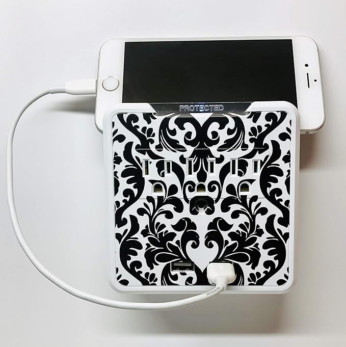 Glamsockets Decorative Wall Mount Surge Protector with 3 Outlets, Dual USB Charging Ports and Phone Holder - USB Charging Center/Multi Function Wall Tap (Versailles)