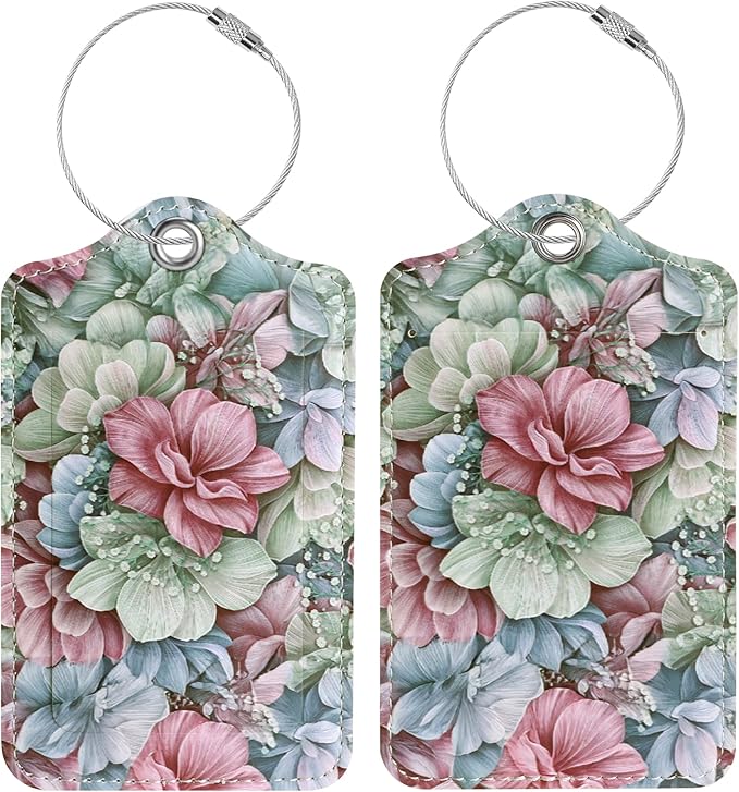 Luggage Tags for Suitcases, 2 Pack Cute PU Leather Luggage Tag TSA Approved with Stainless Steel Loop and Address Card Baggage Tag for Travel&Cruise Ships&Shipping Happy Flower, by Chelmon