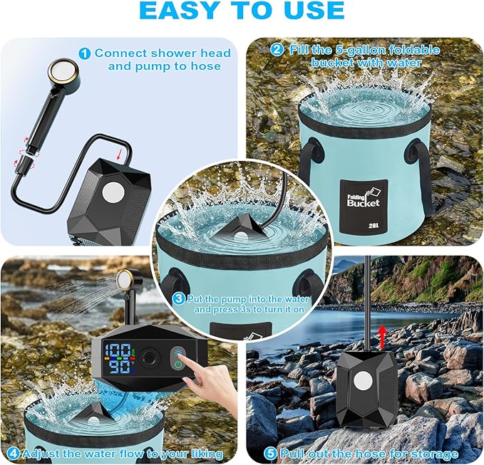 Upgraded Camping Light Portable Shower, 5 Pressure Levels Rechargeable Camping Shower Pump with 20L Foldable Bucket & Intelligent LED Display, 6000mAh Outdoor Shower for Camping Hiking, Travel, Car