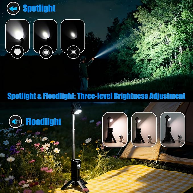 Telescopic Camping Light, Portable Rechargeable Camping Lantern, Outdoor Adventure Emergency Flashlight, Waterproof LED Camp Lamp with Magnetic (Black)
