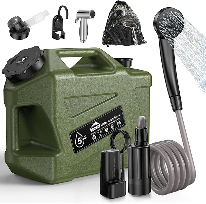 Portable Camping Shower with Water Jug, Electric Rechargeable Camping Shower, 5-Gallon Food Grade Water Containers, Outdoor Camp Pump for Hiking Beach, Travel, Pet Bath