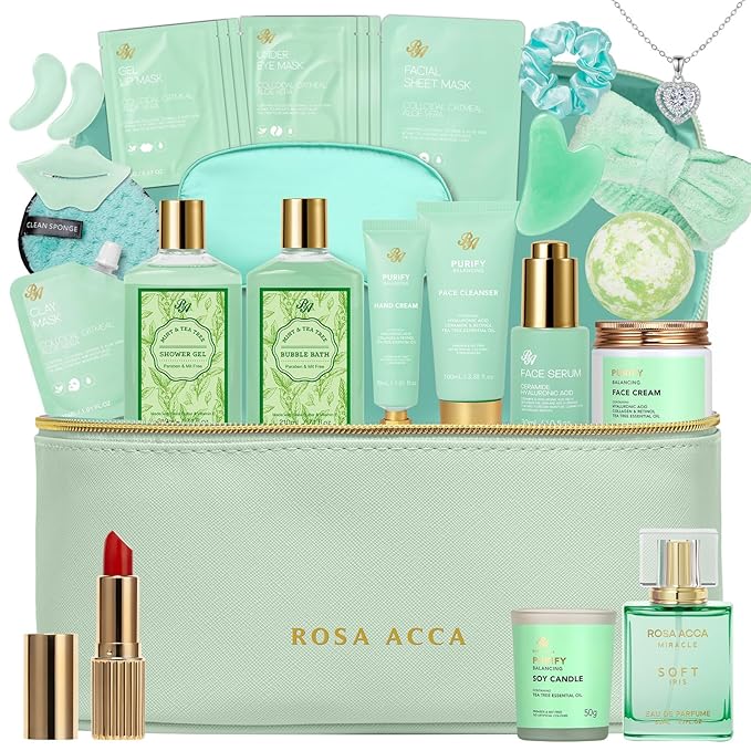 Mother's Day Gift, 25 Pcs Bath & Body Gift Basket Set for Women, Tea Tree Skin Care Set, Home Spa Gift Basket, Cosmetic Bag, Necklace, Christmas, Birthday, Anniversary, Wife, Mom