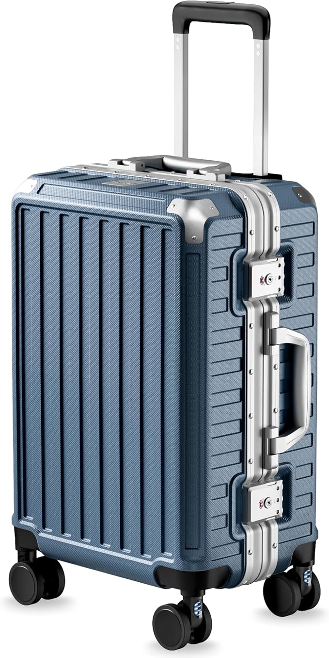 Carry On Luggage with Spinner Wheels, 8010S Aluminum Frame Zipperless Polycarbonate Hard Shell Suitcase (ZX-Core, Blue, 20 Inch)