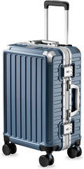 Carry On Luggage with Spinner Wheels, 8010S Aluminum Frame Zipperless Polycarbonate Hard Shell Suitcase (ZX-Core, Blue, 20 Inch)