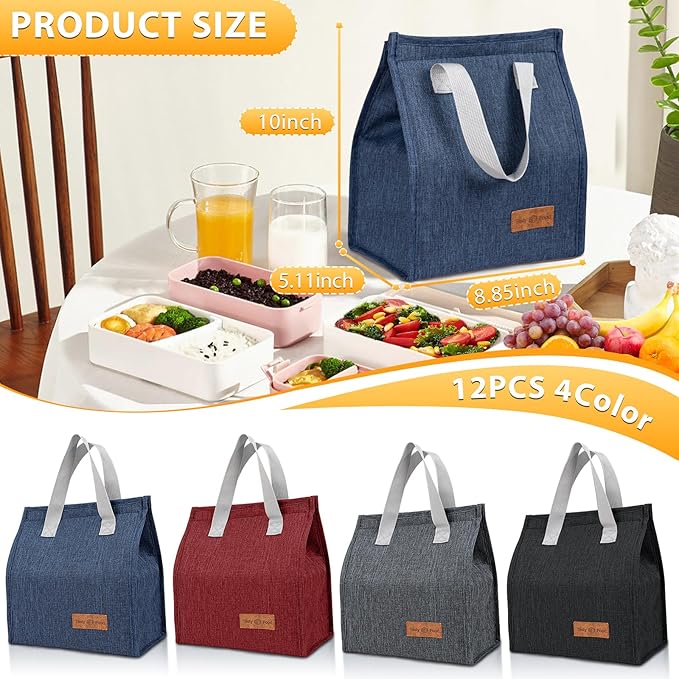VZZNN 12 Pack Lunch Bags Bulk,Insulated Reusable Lunch Bags with Aluminum for Women Men,Leakproof Tote Large Lunch Box for Office,Work,Beach or Travel(Blue)