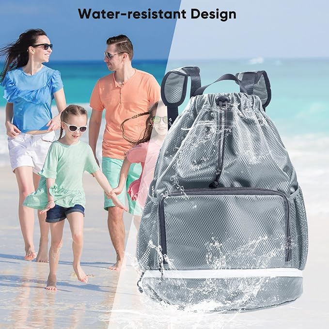 Swim Beach Sports Drawstring Backpack - Gym Bag with Shoes Compartment and Waterproof Pocket for Gym Accessories, Swim Essentials - Kids Mens Beach Workout Bag