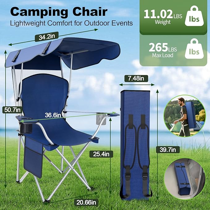 VTOY Portable Camping Chair with Canopy - Folding Chair with Canopy, Durable 600D Oxford Canopy Chair for Camping, Beach, Picnics, Fishing & Sports