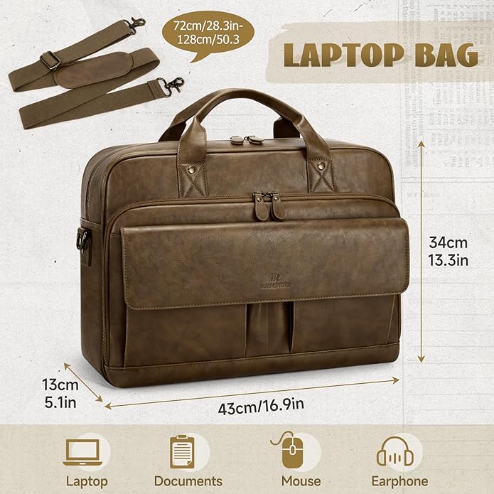 RAINSMORE Mens Laptop Bag PU Leather Messenger Bag 15.6 Inch Briefcase Vintage Computer Satchel Bag for Work Business