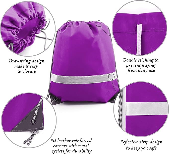 BeeGreen 20 Pieces Purple Drawstring Backpacks Bulk, Draw String Bags for Gym Sport, Reflective Cinch Blank Bag