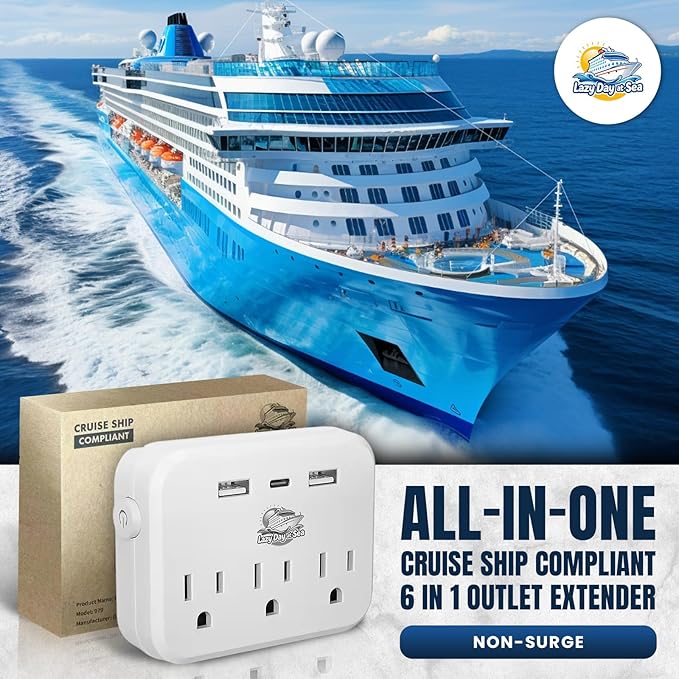 Cruise Ship Compliant Non-Surge Power Strip (6-in-1) Outlet Extender with 3 AC Outlets, 2 USB Ports & 1 USB-C, 2500W, Carnival, Norwegian, Princess & Disney Cruises – Verify Policies Before Travel