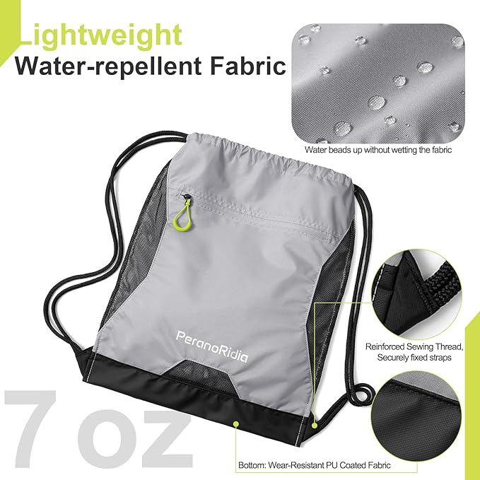 Waterproof Drawstring Backpack for Men/Women, Lightweight Sports Bag for Gym, Beach, Swim, Hiking, Running & Cycling, Anti-Stain with Quick-Access Mesh Pocket, Gray 14.2"×2.8"×17.7"