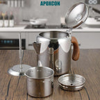 APOXCON Coffee Percolator Stainless Steel Coffee Maker with Fireproof Solid Wood Handle & Tough Glass Clear Brew Progress Knob Camping Coffee Pot Using on any Stovetop NO Aluminum NO Plastic (6 Cup)