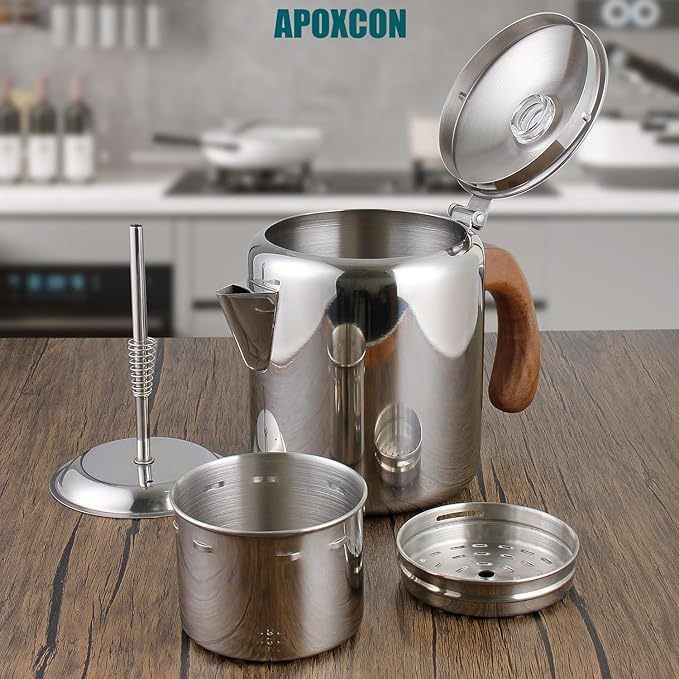 APOXCON Coffee Percolator Stainless Steel Coffee Maker with Fireproof Solid Wood Handle & Tough Glass Clear Brew Progress Knob Camping Coffee Pot Using on any Stovetop NO Aluminum NO Plastic (6 Cup)