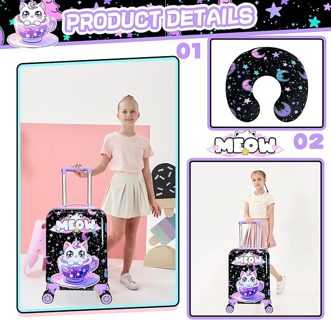 Kid’s Luggage Set 2 Piece Suitcase Set 16’’ Hardside Luggage with Spinner Wheels Girls Carry on Toddler Luggage Travel Rolling Luggage Airline Approved