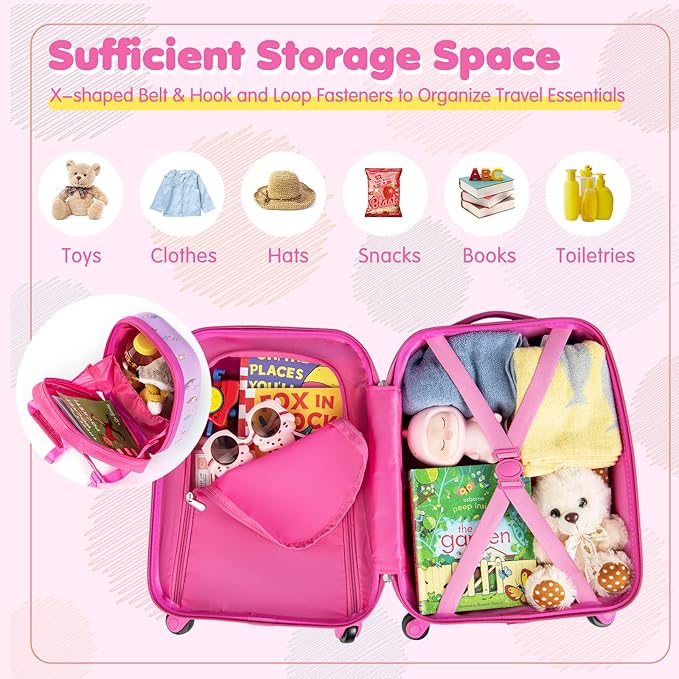 BABY JOY 2 Pcs Kids Luggage Set, 16" Carry-on Luggage Trolley Case & 12" Backpack w/Rolling Wheels, Retractable Handle, Lightweight Airline-approved Design, Kids Suitcase for Girls Boys (White Pony)