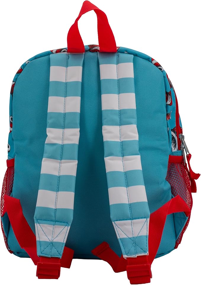 AI ACCESSORY INNOVATIONS Dr. Seuss's The Cat In The Hat Mini Backpack, 12" x 10" x 4", Kids School Bag with Thing One and Thing Two Design, White/Red/Blue