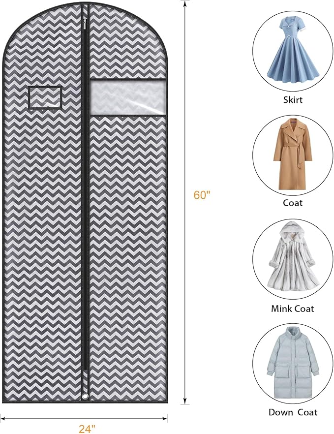 Syeeiex 60'' Dress Bags for Gowns, Set of 4 Garment Bag for Hanging Clothes, Dress Garment Bag, Dustproof and Keep Closet Tidy, Perfect for Suit Evening Dresses Fur Coat Long Dress Gown(Dark Grey)