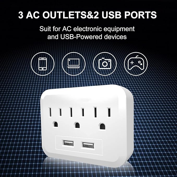 USB Wall Charger Socket Extender - Featuring 2 USB Charging Ports, 3 Outlet Plugs, Socket Adapter, Compact Travel Plug Extension, White
