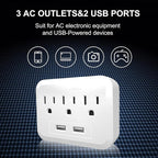 USB Wall Charger Socket Extender - Featuring 2 USB Charging Ports, 3 Outlet Plugs, Socket Adapter, Compact Travel Plug Extension, White