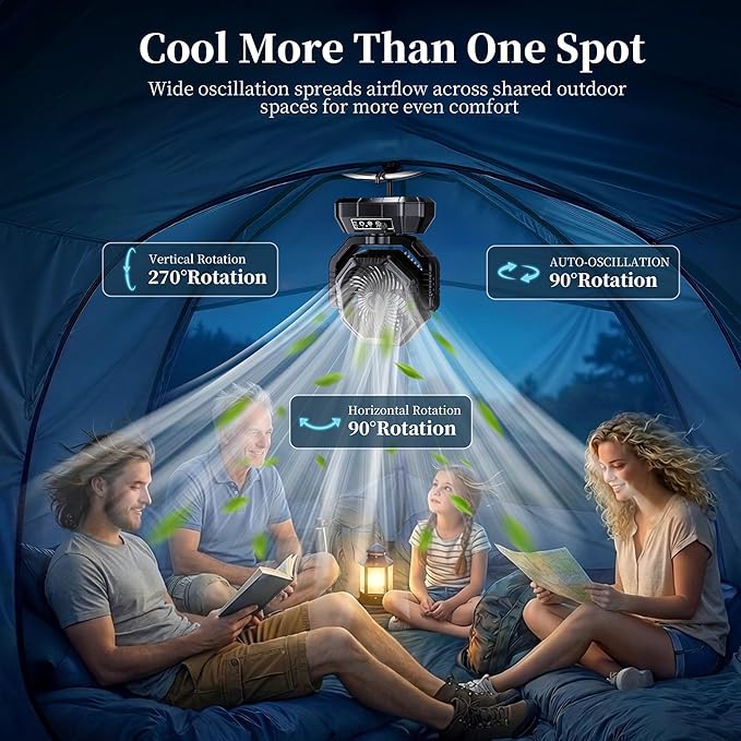AJVV Camping Fan with Light, Remote and Oscillation, Battery Powered Hanging Tent Fan, Rechargeable Portable for Camp, Outdoor, Emergencies, Fishing, RV Travel, Jobsite