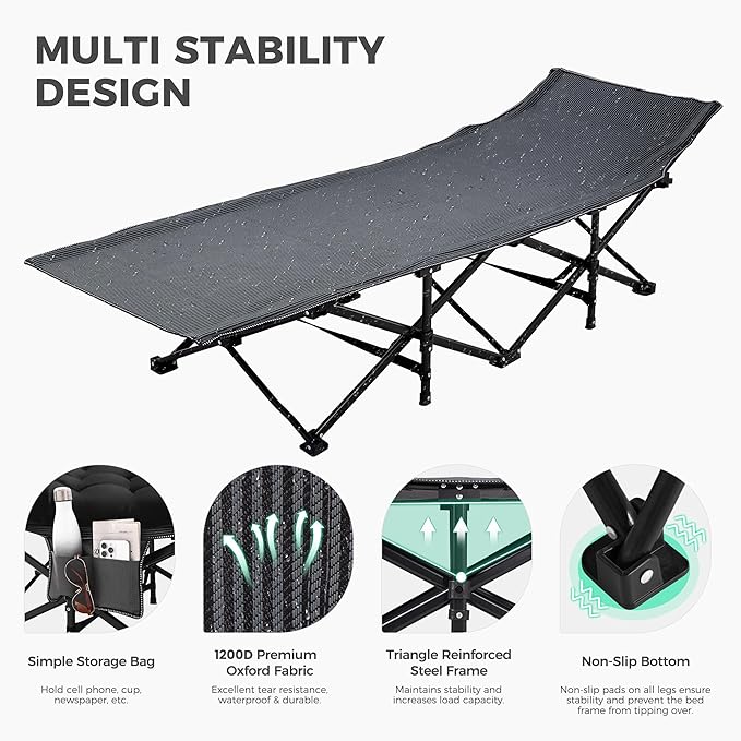JEAREY 2-Piece Camping Cot for Sleeping 28" Extra Wide, Heavy-Duty 1200D Oxford Foliding Cots for Adults Portable with Mattress, Carry Bag for Guest, Travel, Hiking, Black