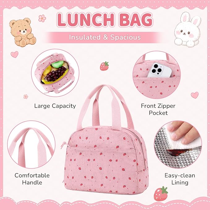 PIG PIG GIRL Corduroy Backpack 3PCS Kids Backpack for Girls School Bags for Middle School Students Book Bag for Elementary Primary Kawaii Ita Backpack with Lunch Box Pencil Case Set, Pink Strawberry